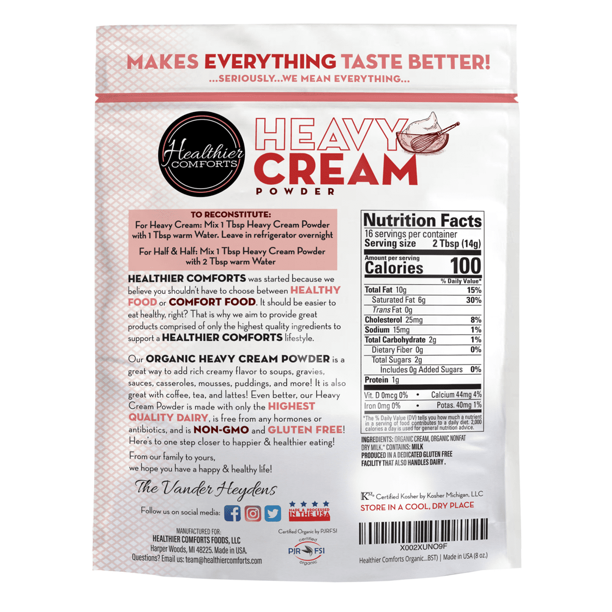Organic Heavy Cream Powder, Certified USDA Organic
