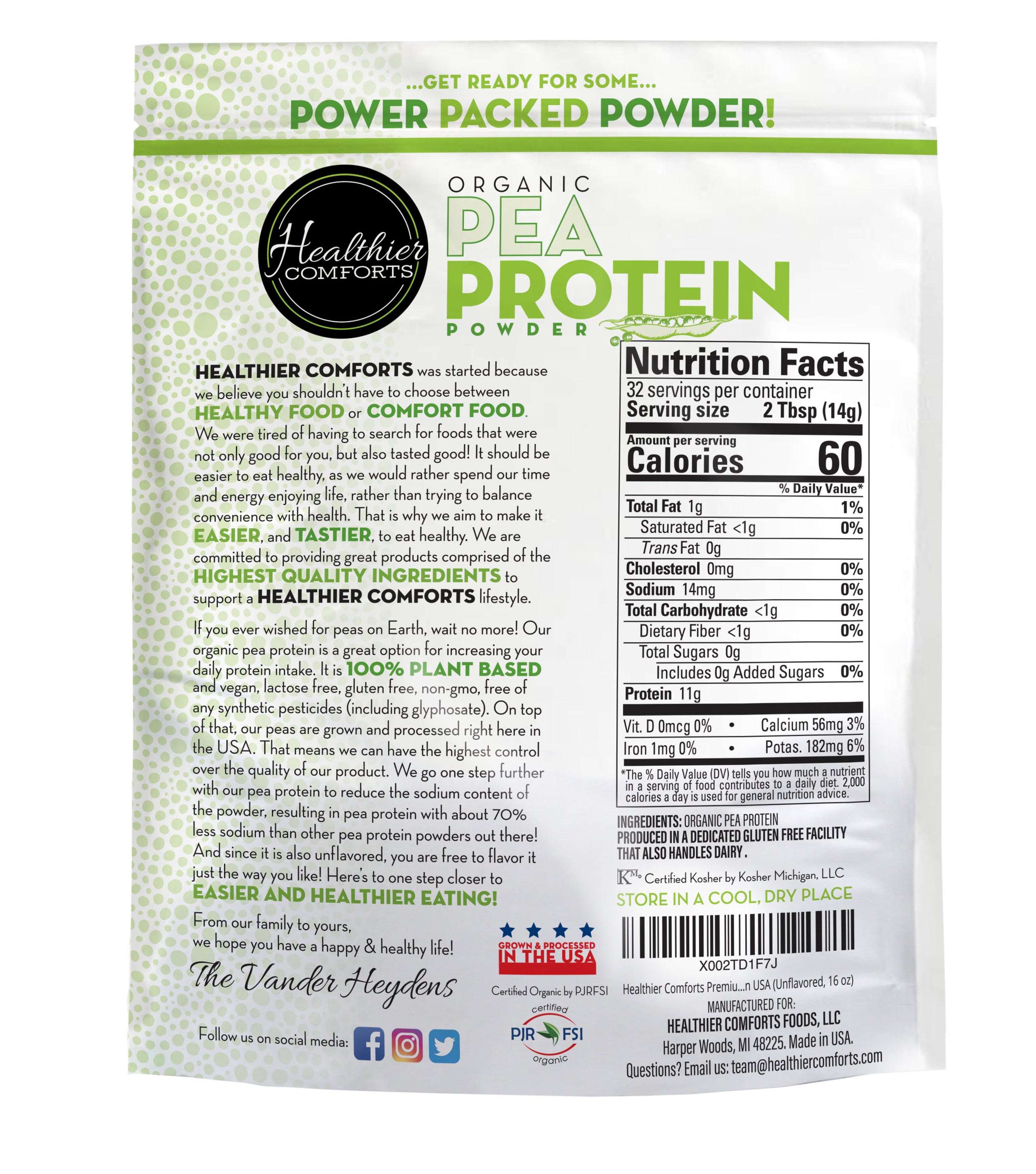 Healthier Comforts Organic Pea Protein Powder, Unflavored, Reduced Sodium,  Certified USDA Organic, Kosher, Vegan, Gluten Free, Plant Based, Non-GMO,  Keto, Grown & Processed in USA